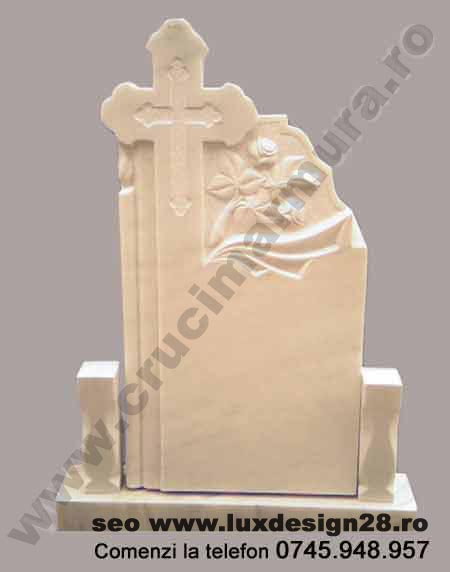 Monument funerar cruce alba gri medie marmura ornament floral